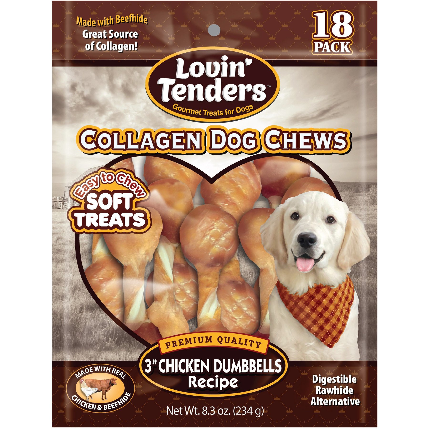Lovin'Tenders Collagen 3-in Chicken Dumbbells Recipe Dog Jerky Treat, 8.3-oz bag