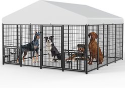 LovMor Heavy Duty Outdoor Feeding Station & Covered Roof Dog Kennel, Black, 10 x 10 x 6.5-ft