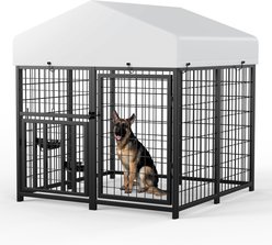 LovMor Heavy Duty Outdoor Feeding Station & Covered Roof Dog Kennel, Black, 4 x 4 x 4.25-ft