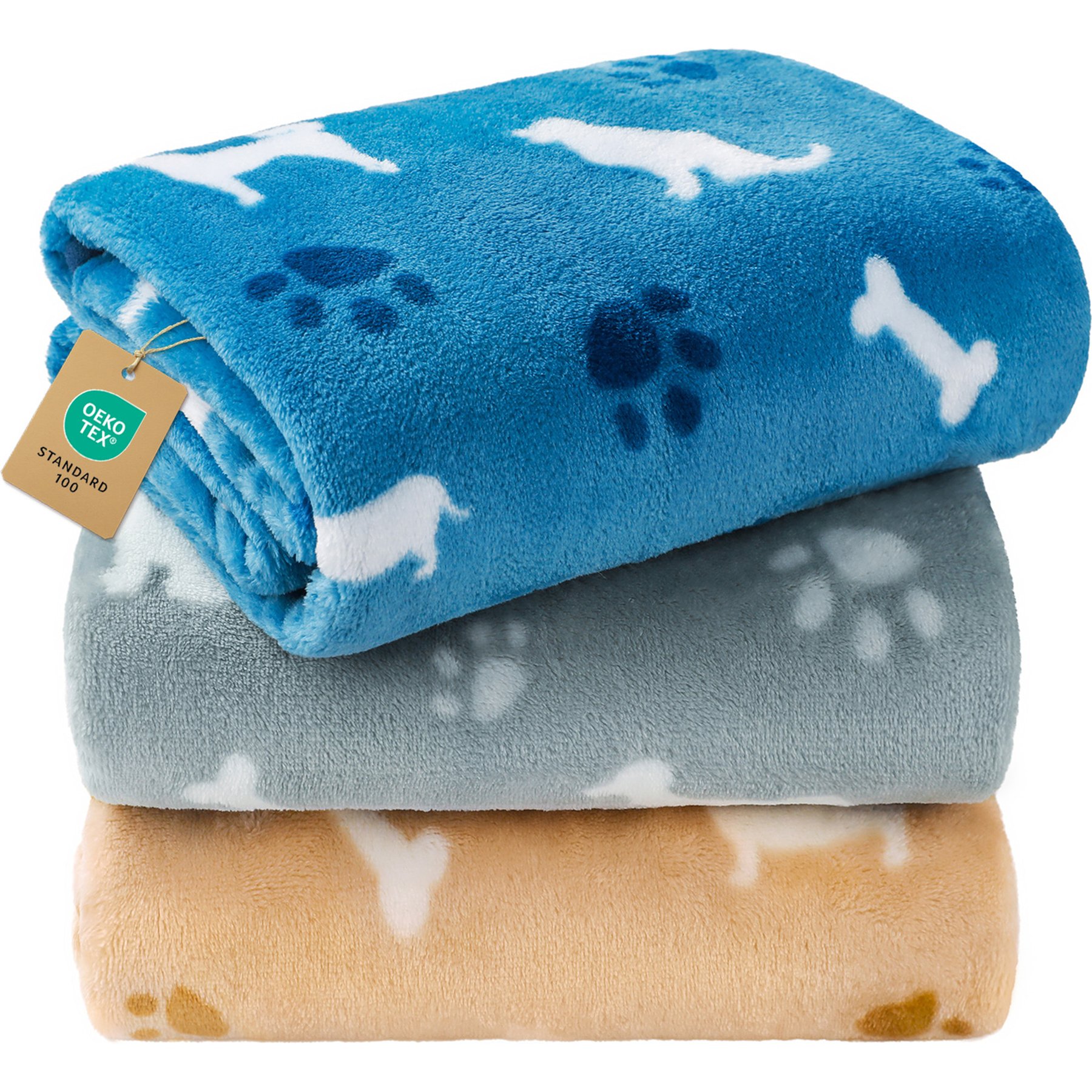 Luciphia Washable Fleece Soft Warm Sofa Bed Throw Dog & Cat Blanket, 3 count, Blue/Khaki/Gray, 30 x 20-in
