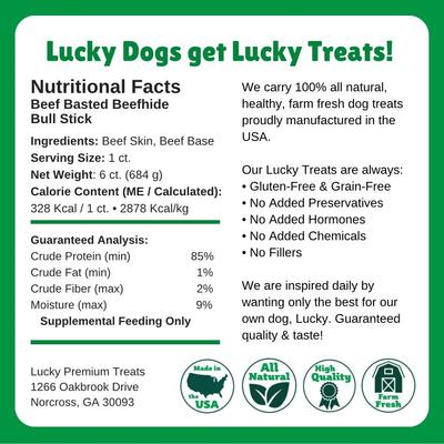 Show full view: Lucky Premium Treats Beef Basted Rawhide Bull Sticks X-Large Dog Chews, 6 count slide 6 of 6