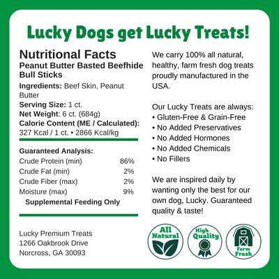 Show full view: Lucky Premium Treats Peanut Butter Basted Rawhide Bull Sticks X-Large Dog Chews, 6 count slide 6 of 6