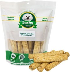 Lucky Premium Treats Peanut Butter Basted Rawhide Medium Dog Chews, 16 count