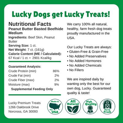 Show full view: Lucky Premium Treats Peanut Butter Basted Rawhide Medium Dog Chews, 7 count slide 6 of 6