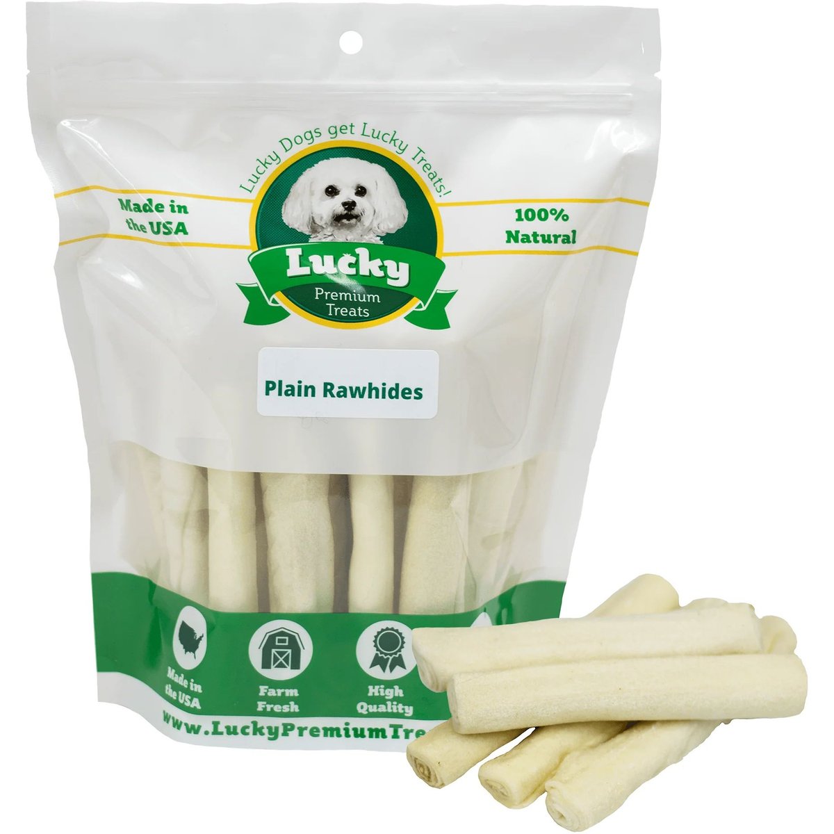 Lucky Premium Treats Plain Rawhide Medium Dog Chews, 16 count