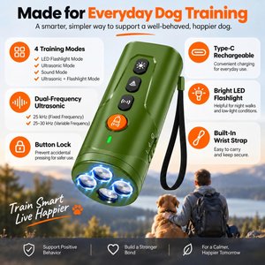 Luckypets 3X Ultrasonic Anti Barking 4 Modes Rechargeable Dog Bark Deterrent Device with LED Light, Green