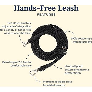 Lucy & Co. Hands-Free Rope Dog Leash, Midnight Black, 7-ft long, 3/4-in wide