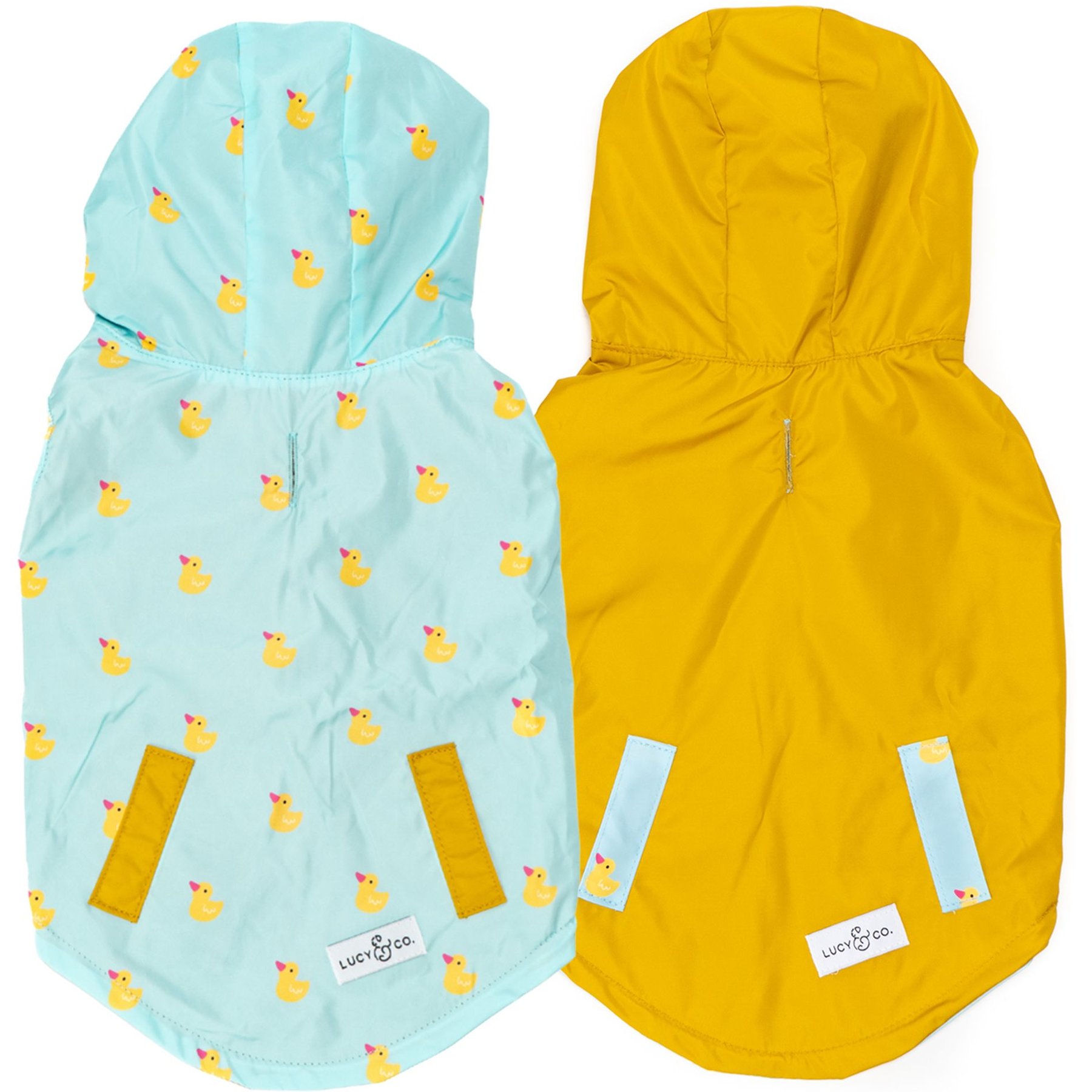 Lucy & Co. The Lucky Ducky Reversible Waterproof Dog Raincoat, Blue/Yellow, Large