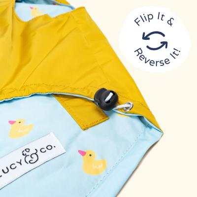 Lucy & Co. The Lucky Ducky Reversible Waterproof Dog Raincoat, Blue/Yellow