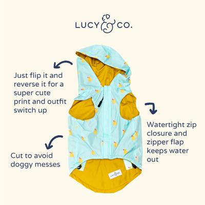 Show full view: Lucy & Co. The Lucky Ducky Reversible Waterproof Dog Raincoat, Blue/Yellow, XX-Large slide 3 of 9