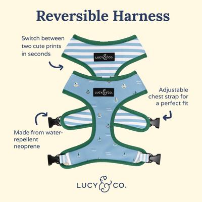 Show full view: Lucy & Co. The Set Sail Reversible Dog Harness, Blue, X-Small: 12 to 15-in chest slide 2 of 7