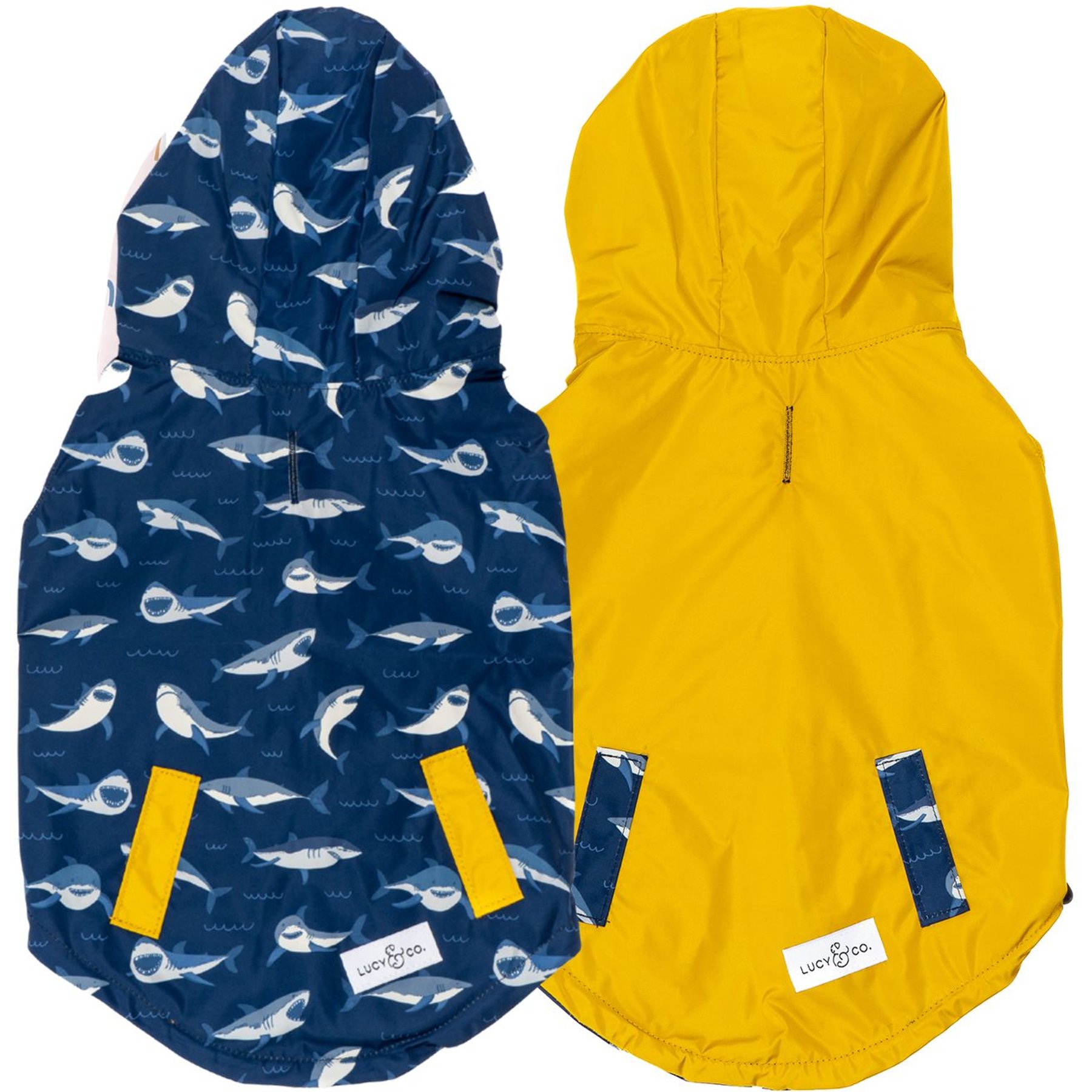 Lucy & Co. The Shark Attack Reversible Waterproof Dog Raincoat, Blue/Yellow, Large