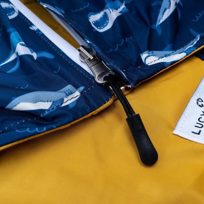 Show full view: Lucy & Co. The Shark Attack Reversible Waterproof Dog Raincoat, Blue/Yellow, Large slide 7 of 9