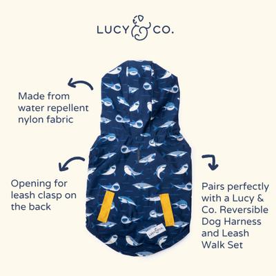 Show full view: Lucy & Co. The Shark Attack Reversible Waterproof Dog Raincoat, Blue/Yellow, Large slide 6 of 9