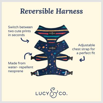 Show full view: Lucy & Co. The Space Doodle Reversible Dog Harness, Navy, Medium: 17 to 23-in chest slide 2 of 8