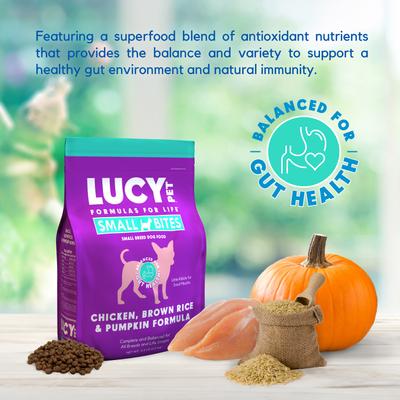 Show full view: Lucy Pet Products Chicken, Brown Rice & Pumpkin Limited Ingredient Diet Small Bites Dog Food, 4.5-lbs bag slide 4 of 9