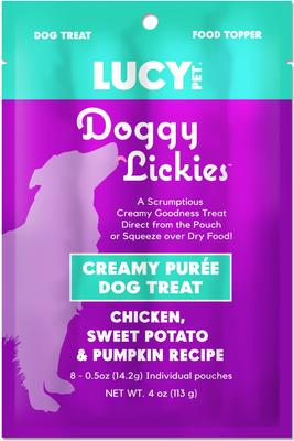 Show full view: Lucy Pet Products Doggy Lickies Chicken Sweet Potato & Pumpkin Recipe Creamy Puree Grain-Free Lickable Dog Treats, 0.5-oz pouch, case of 8 slide 1 of 7