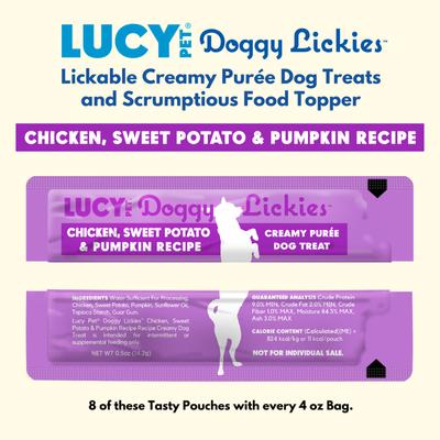 Show full view: Lucy Pet Products Doggy Lickies Chicken Sweet Potato & Pumpkin Recipe Creamy Puree Grain-Free Lickable Dog Treats, 0.5-oz pouch, case of 8 slide 6 of 7