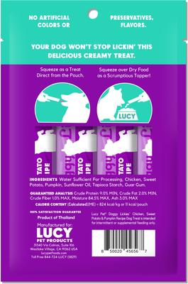 Show full view: Lucy Pet Products Doggy Lickies Chicken Sweet Potato & Pumpkin Recipe Creamy Puree Grain-Free Lickable Dog Treats, 0.5-oz pouch, case of 8 slide 3 of 7