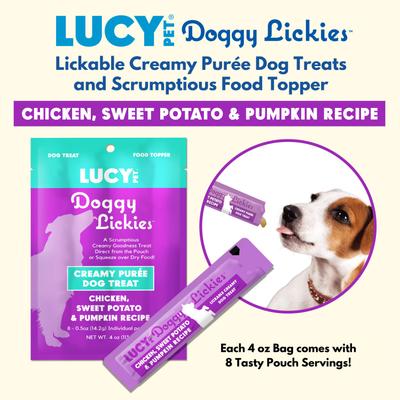 Show full view: Lucy Pet Products Doggy Lickies Chicken Sweet Potato & Pumpkin Recipe Creamy Puree Grain-Free Lickable Dog Treats, 0.5-oz pouch, case of 8 slide 5 of 7