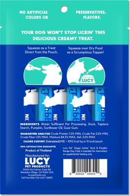 Show full view: Lucy Pet Products Doggy Lickies Duck & Pumpkin Recipe Creamy Puree Grain-Free Lickable Dog Treats, 0.5-oz pouch, case of 8 slide 3 of 6