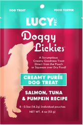 Lucy Pet Products Doggy Lickies Salmon Tuna & Pumpkin Recipe Creamy Puree Grain-Free Lickable Dog Treats, 0.5-oz pouch, case of 8