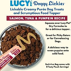 Lucy Pet Products Doggy Lickies Salmon Tuna & Pumpkin Recipe Creamy Puree Grain-Free Lickable Dog Treats, 0.5-oz pouch, case of 8 slide 2 of 5