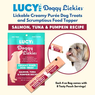 Show full view: Lucy Pet Products Doggy Lickies Salmon Tuna & Pumpkin Recipe Creamy Puree Grain-Free Lickable Dog Treats, 0.5-oz pouch, case of 8 slide 5 of 7