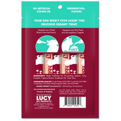 Show full view: Lucy Pet Products Doggy Lickies Salmon Tuna & Pumpkin Recipe Creamy Puree Grain-Free Lickable Dog Treats, 0.5-oz pouch, case of 8 slide 3 of 7