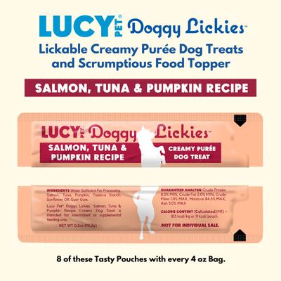 Show full view: Lucy Pet Products Doggy Lickies Salmon Tuna & Pumpkin Recipe Creamy Puree Grain-Free Lickable Dog Treats, 0.5-oz pouch, case of 8 slide 6 of 7