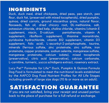 Show full view: Lucy Pet Products Formulas for Life Grain-Free Duck, Pumpkin & Quinoa Formula Dry Dog Food, 25-lb bag slide 7 of 10