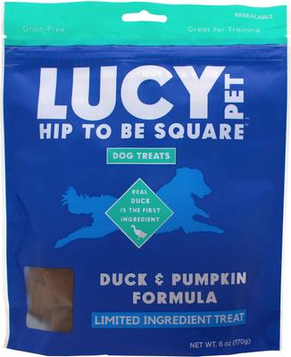 Show full view: Lucy Pet Products Hip To Be Square Duck & Pumpkin Formula Grain-Free Dog Treats, 6-oz bag slide 1 of 10