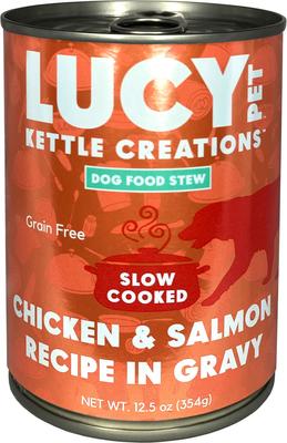 Show full view: Lucy Pet Products Kettle Creations Chicken & Salmon Recipe in Gravy Wet Dog Food, 12.5-oz can, case of 12 slide 1 of 9
