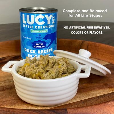 Show full view: Lucy Pet Products Kettle Creations Duck Recipe in Gravy Wet Dog Food, 12.5-oz can, case of 12 slide 4 of 8
