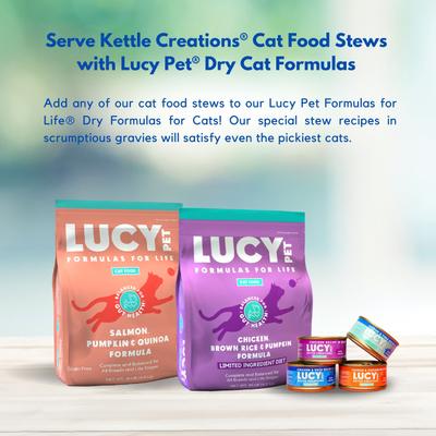 Show full view: Lucy Pet Products Kettle Creations Salmon & Chicken Recipe in Gravy Wet Cat Food, 2.47-oz can, case of 12 slide 8 of 9