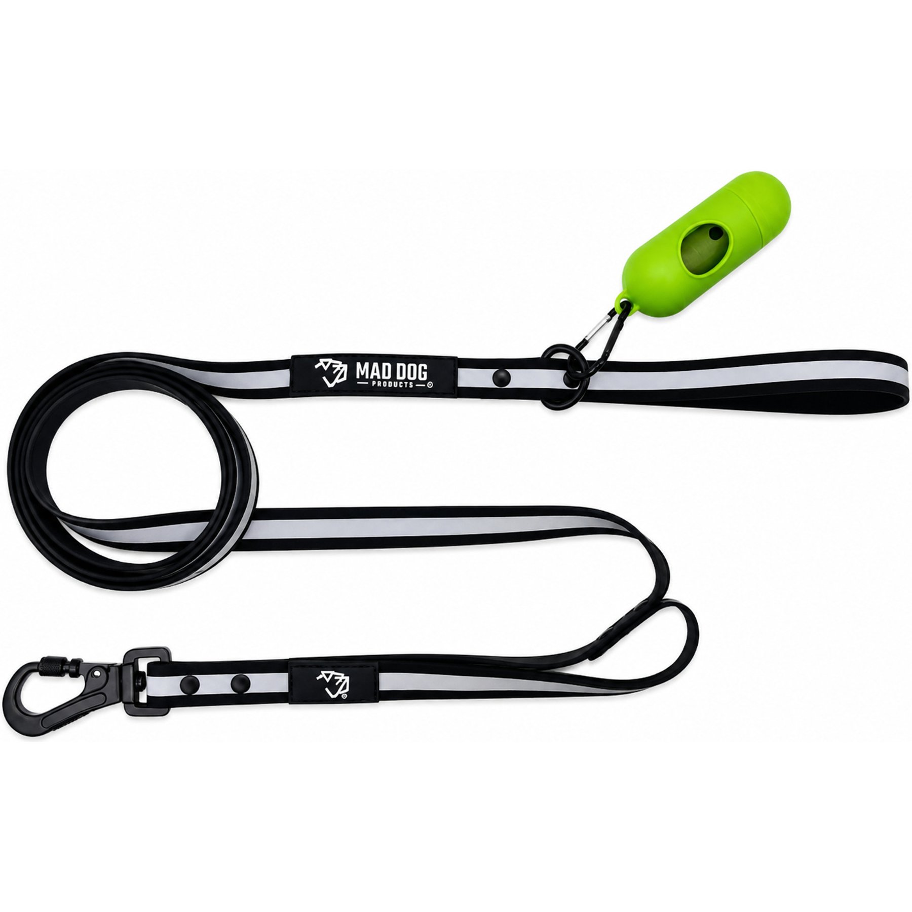 Mad Dog Products Biothane Training Outdoor Use Waterproof Traffic Handle Standard Dog Leash with Short Handle, 6-ft long, 3/4-in wide, Black with Reflective