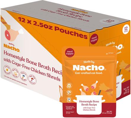 Show full view: Made by Nacho Cage Free Shredded Chicken Recipe with Homestyle Bone Broth Grain-Free Wet Cat Food, 2.5-oz pouch, case of 12 slide 4 of 12