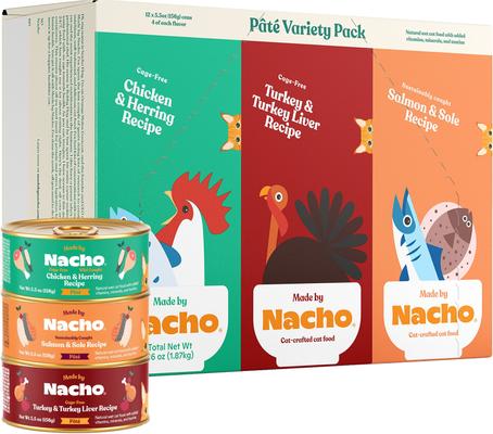 Show full view: Made by Nacho Chicken, Herring, Salmon & Turkey Variety Pack Grain-Free Pate Wet Cat Food, 5.5-oz can, case of 12 slide 3 of 12