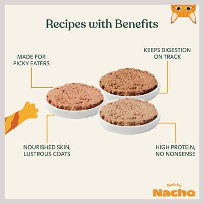 Show full view: Made by Nacho Chicken, Herring, Salmon & Turkey Variety Pack Grain-Free Pate Wet Cat Food, 5.5-oz can, case of 12 slide 5 of 12