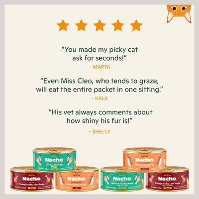 Show full view: Made by Nacho Chicken, Herring, Salmon & Turkey Variety Pack Grain-Free Pate Wet Cat Food, 5.5-oz can, case of 12 slide 7 of 12