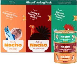 Made by Nacho Chicken, Herring, Salmon & Turkey Variety Pack Minced Wet Cat Food, 5.5-oz can, case of 12