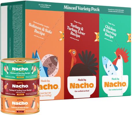 Show full view: Made by Nacho Chicken, Herring, Salmon & Turkey Variety Pack Minced Wet Cat Food, 5.5-oz can, case of 12 slide 3 of 12