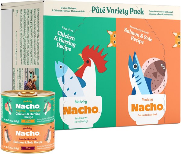 Made by Nacho Chicken, Herring & Salmon Variety Pack Grain-Free Pate Wet Cat Food, 3-oz can, case of 12