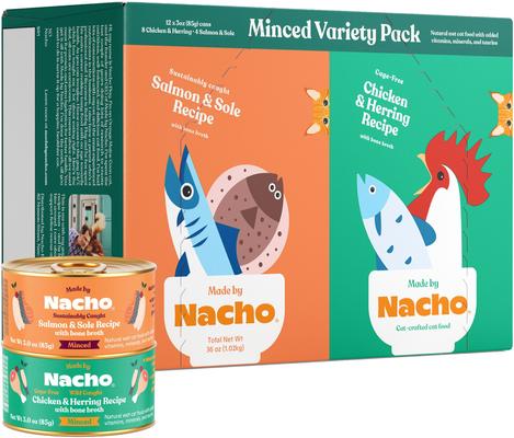 Show full view: Made by Nacho Chicken, Herring & Salmon Variety Pack Minced Wet Cat Food, 3-oz can, case of 12 slide 3 of 12
