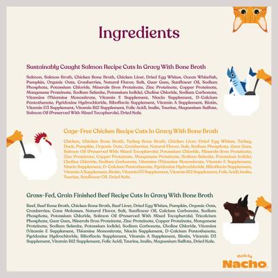 Show full view: Made by Nacho Cuts In Gravy Recipes with Bone Broth Variety Pack Wet Cat Food, 3-oz pouch, case of 12 slide 8 of 13
