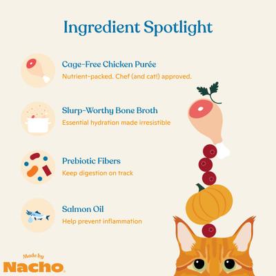 Show full view: Made by Nacho Digestive Support Cage-Free Chicken Puree with Bone Broth Wet Cat Food Topper, 1.4-oz pouch, case of 18 slide 6 of 12