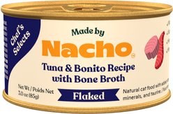 Made by Nacho Flaked Tuna & Bonito Recipe in Bone Broth Grain-Free Wet Cat Food, 3-oz can, case of 12