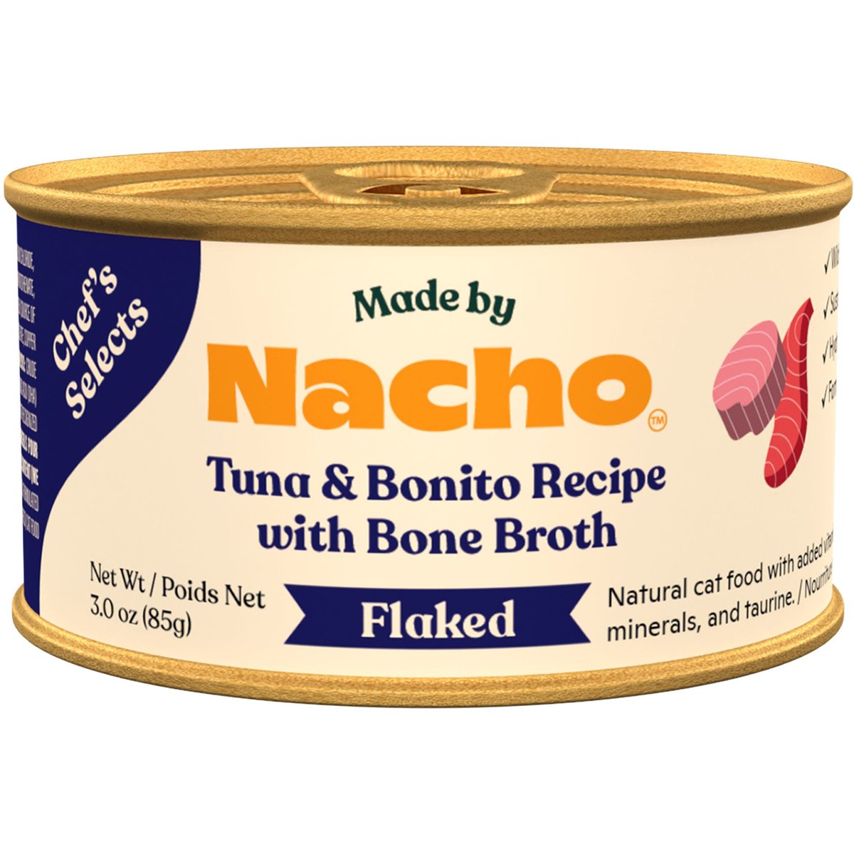 Made by Nacho Flaked Tuna & Bonito Recipe in Bone Broth Grain-Free Wet Cat Food, 3-oz can, case of 12