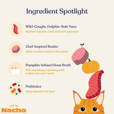 Show full view: Made by Nacho Flaked Tuna & Bonito Recipe in Bone Broth Grain-Free Wet Cat Food, 3-oz can, case of 12 slide 5 of 10