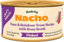 Made by Nacho Flaked Tuna & Rainbow Trout Recipe in Bone Broth Grain-Free Wet Cat Food, 3-oz can, case of 12